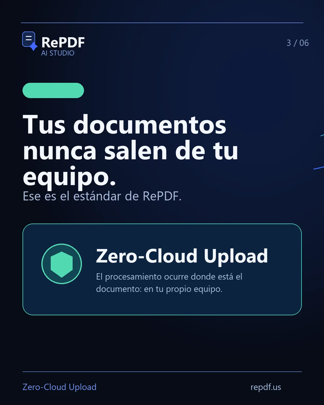 Diapositiva de RePDF con el titular «Tus documentos nunca salen de tu equipo. Ese es el estándar de RePDF.»